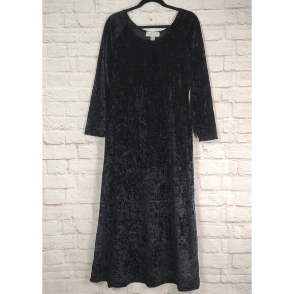 VTG Young Classic Black Crushed Velvet Maxi Dress Gothic Witchy UK 44 = US M/L - Picture 1 of 9